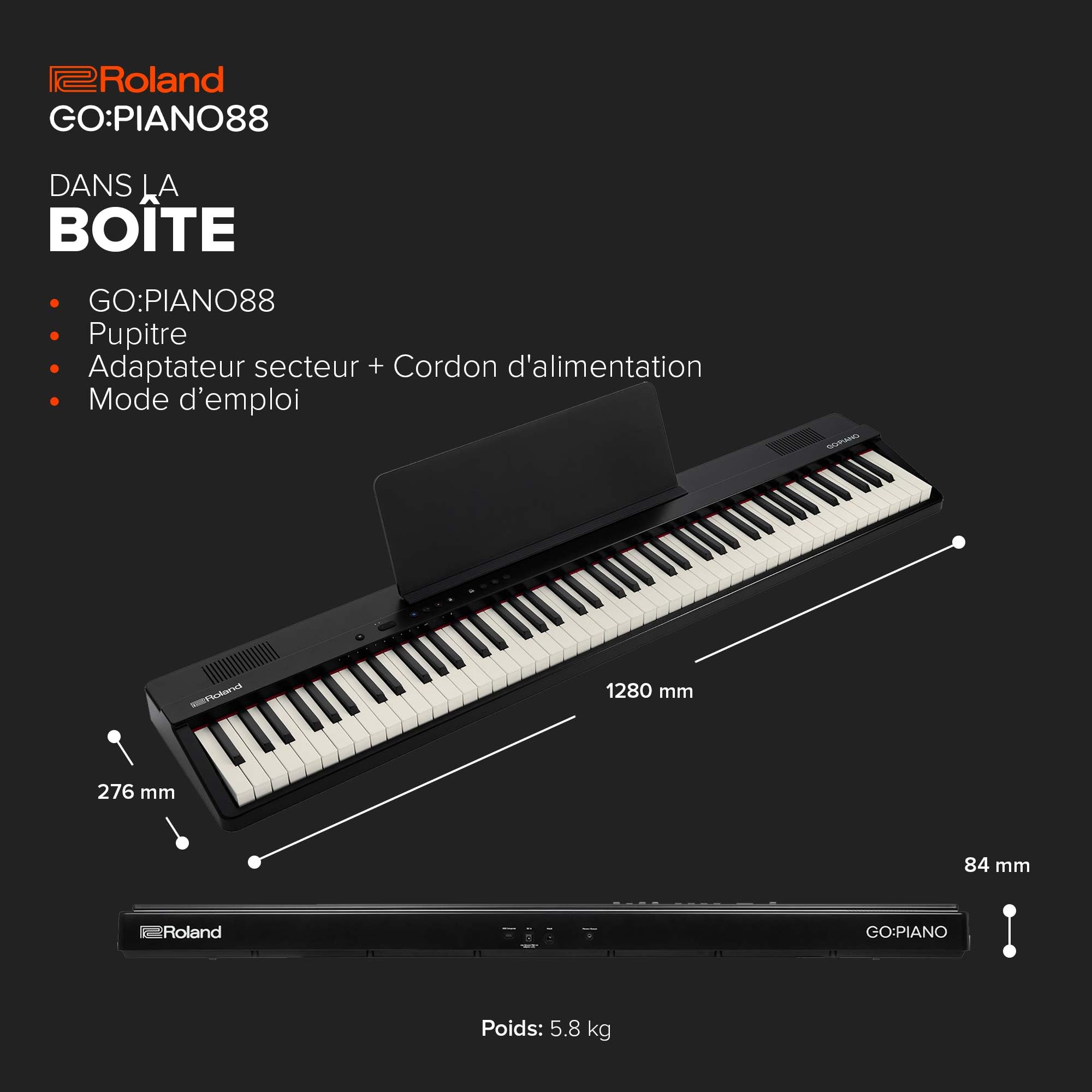 Roland GO:PIANO88 | Piano numérique portable 88 touches | Performances premium | Léger | Fonctions d’apprentissage puissantes | Piles | Bluetooth & MIDI