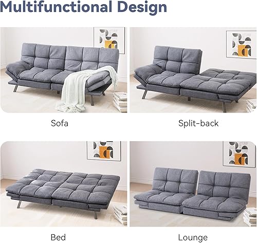 Miniatura 5 de Cama convertible, sofá futón de espuma viscoelástica, sofá biplaza, sofá pequeño moderno con respaldo dividido, gris mejorado