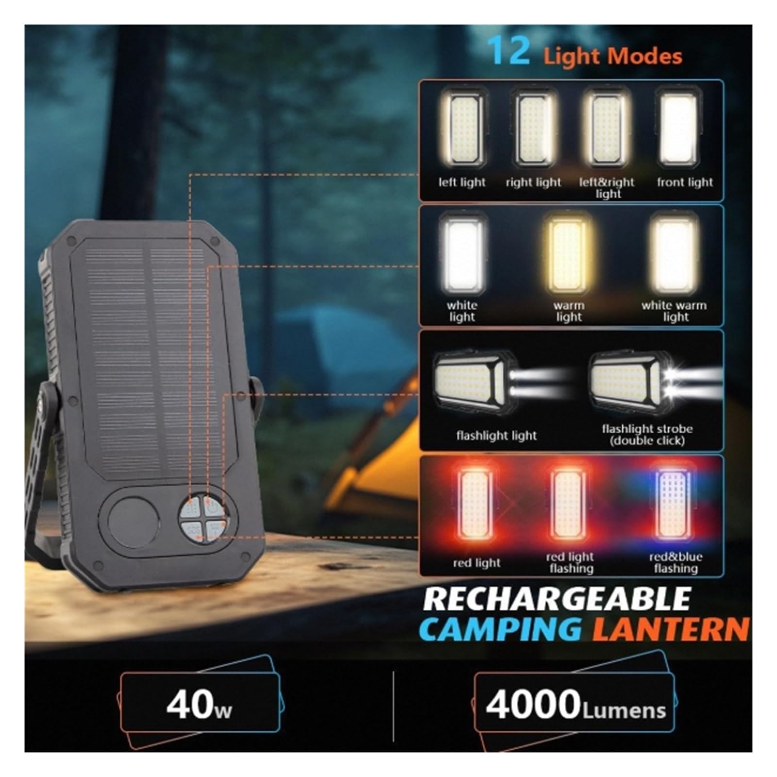 Lanterna da campeggio a LED ricaricabile, luci da campeggio portatili da 10000 mAh fino a 120+ ore, 12 modalità di luce, dimmerabile, display digitale LCD, impermeabile, accessori da campeggio essenzi