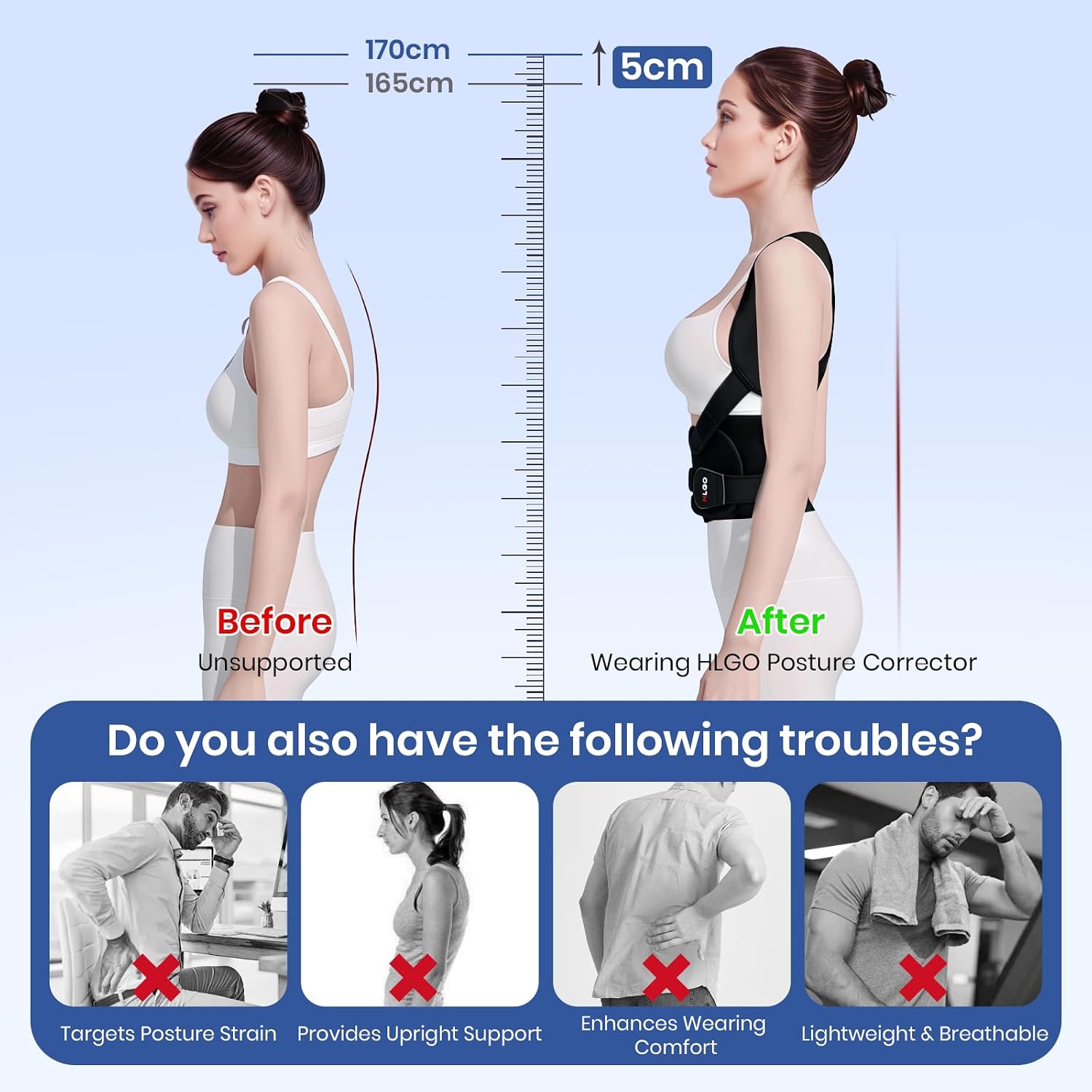 HLGO Posture Corrector for Women and Men Adjustable Back Brace Support for Upper Lower Back Hunchback Support Includes Extra Extension Strap for Flexible Size Fit M