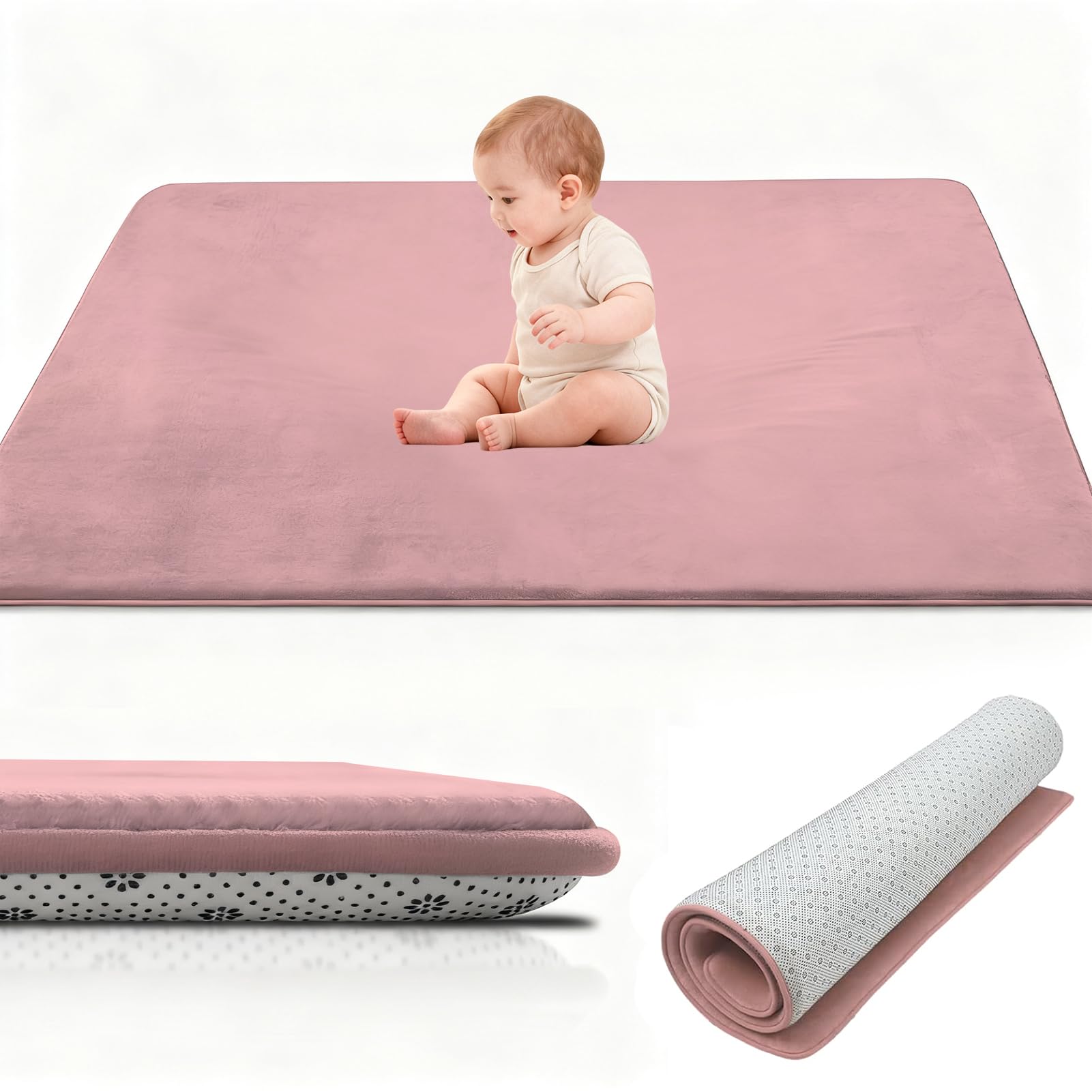 Stqyeiw Coral Velvet Thick Baby Play Mat, 2cm Memory Foam Rug, Baby Crawl Mat, Large Baby Activity Play Mat, Non Slip Children's Floor Tatami Rugs 120 x 220 cm Rose Red