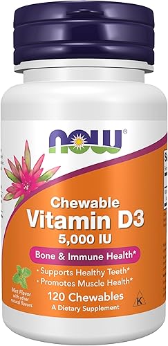 NOW Foods Suplementos, Vitamina D-3 5,000 UI, Sabor Natural a Menta, Soporte Estructural*, 120 Masticables