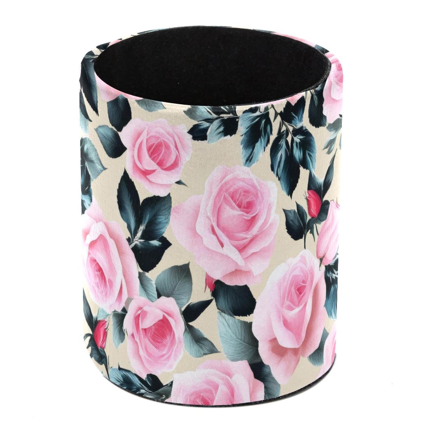 HEOEH Roses Pen Holder for Desk, PU Leather Pencil Holder Pen Cup Marker Holder Makeup Brush Holders, Desk Accessories & Workspace Organizers for Home, Office