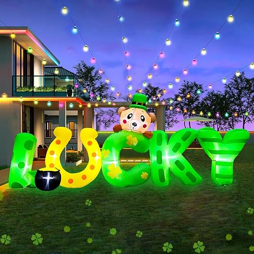 SEASONBLOW Oso inflable de 8 pies con letras de la suerte del día de San Patricio con decoración de maceta dorada, decoración con luz LED para el