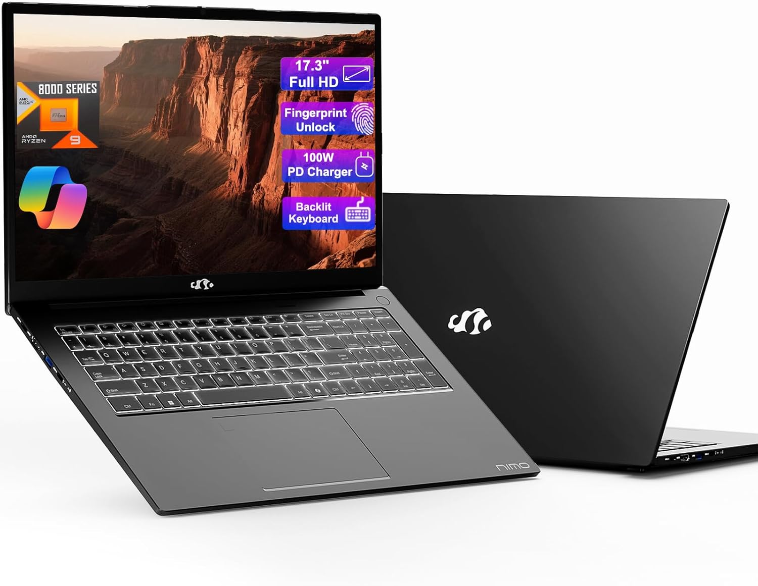 NIMO Gaming-Laptop, 17.3" IPS FHD 1080P Display, AMD Ryzen 9 8945HS 32GB DDR5 RAM 2TB SSD (Beat i9-13900H Up to 5.2GHz) Radeon 780M GPU, AI PC, 100W Type-C Backlit Keyboard Fingerprint