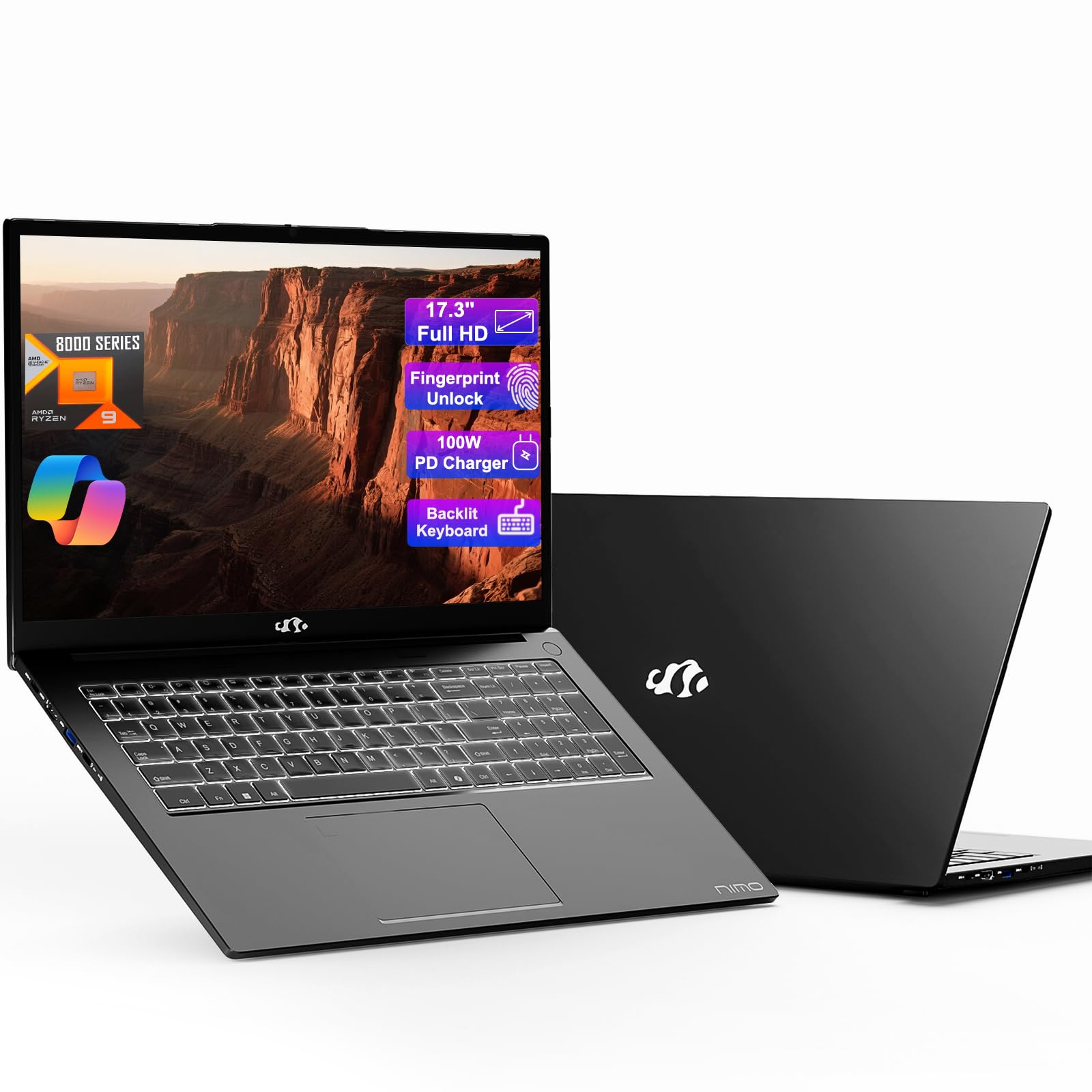 NIMO Gaming-Laptop, 17.3" IPS FHD 1080P Display, AMD Ryzen 9 8945HS 64GB DDR5 RAM 2TB SSD (Beat i9-13900H Up to 5.2GHz) Radeon 780M GPU, AI PC, 100W Type-C Backlit Keyboard Fingerprint