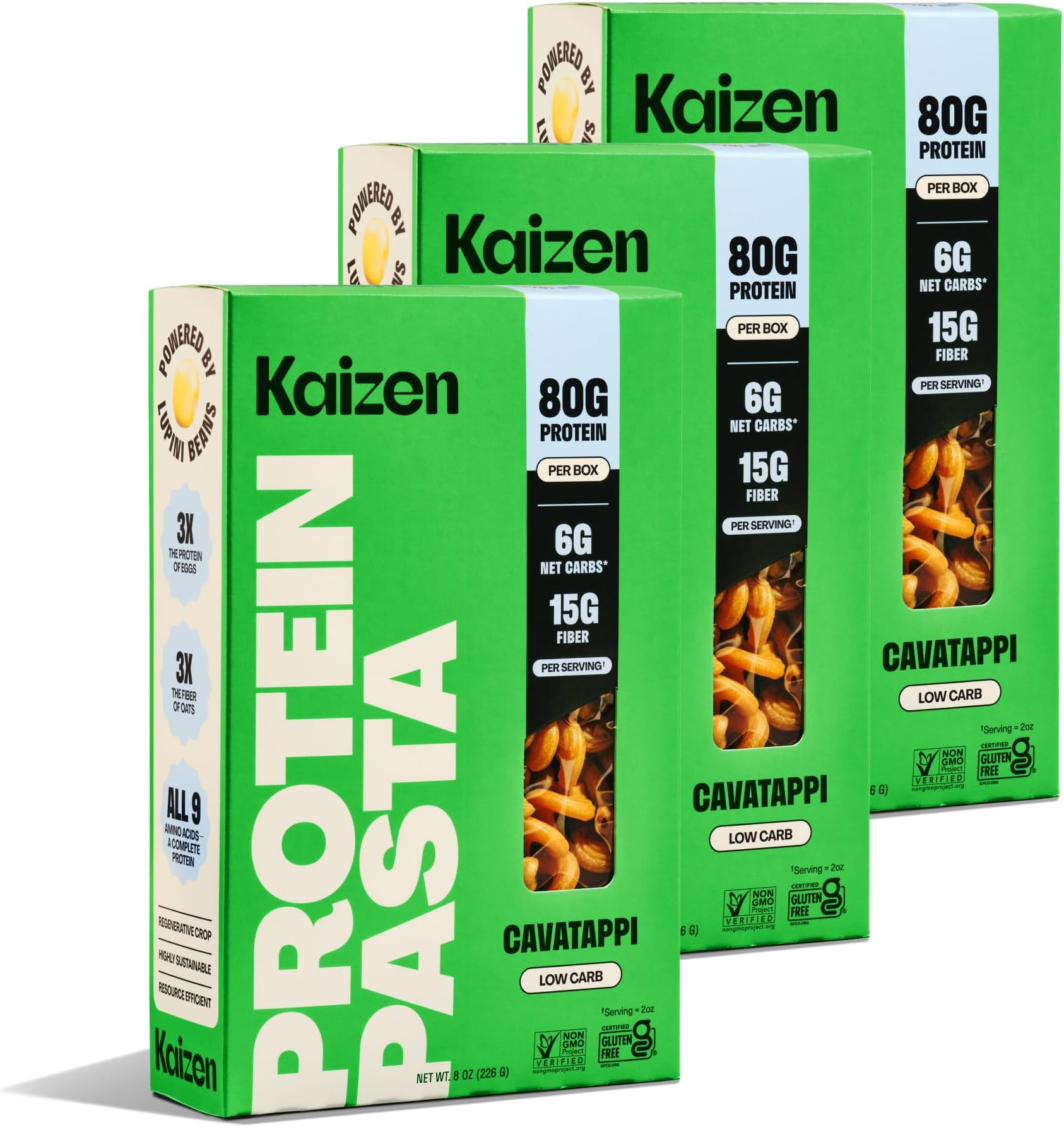 Kaizen Food Company Low Carb High Protein Pasta Cavatappi - Keto Friendly, Plant Based, Made with High Fiber Lupin Flour - 8 ounces (Pack of 3)226 Gr
