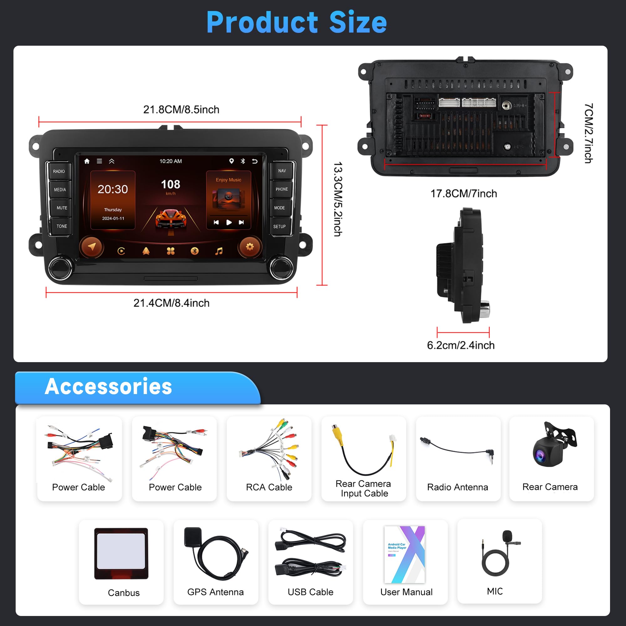 2G+64G Android Autoradio per VW Golf 5 6 Passat Polo Tiguan Touran Caddy Skoda Seat 7 Pollici Wireless Carplay Autoradio con Android Auto GPS Navi WiFi Bluetooth FM/RDS Telecamera Posteriore
