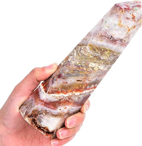 AMOYSTONE Varita de cristal curativo grande de ágata a rayas, torre de 6 columnas facetadas, terapia de meditación de chakras Reiki, 1.8-2.2 libras AMOYSTONE Varita de cristal curativo grande de ágata a rayas, torre de 6 columnas facetadas, terapia de meditación de chakras Reiki, 1.8-2.2 libras