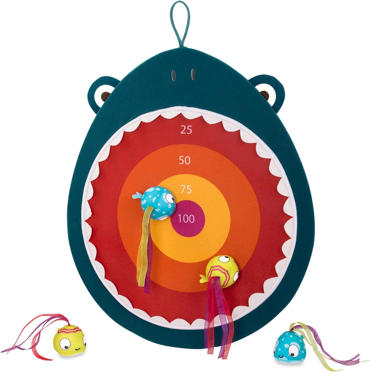 B. toys Hungry Toss Finley Shark Dart Board Game with Soft Fish Set | 1 shark board with 4 fabric fish for indoor or outdoor tossing, score-based play, hand-eye coordination, Activity, 3+ Years