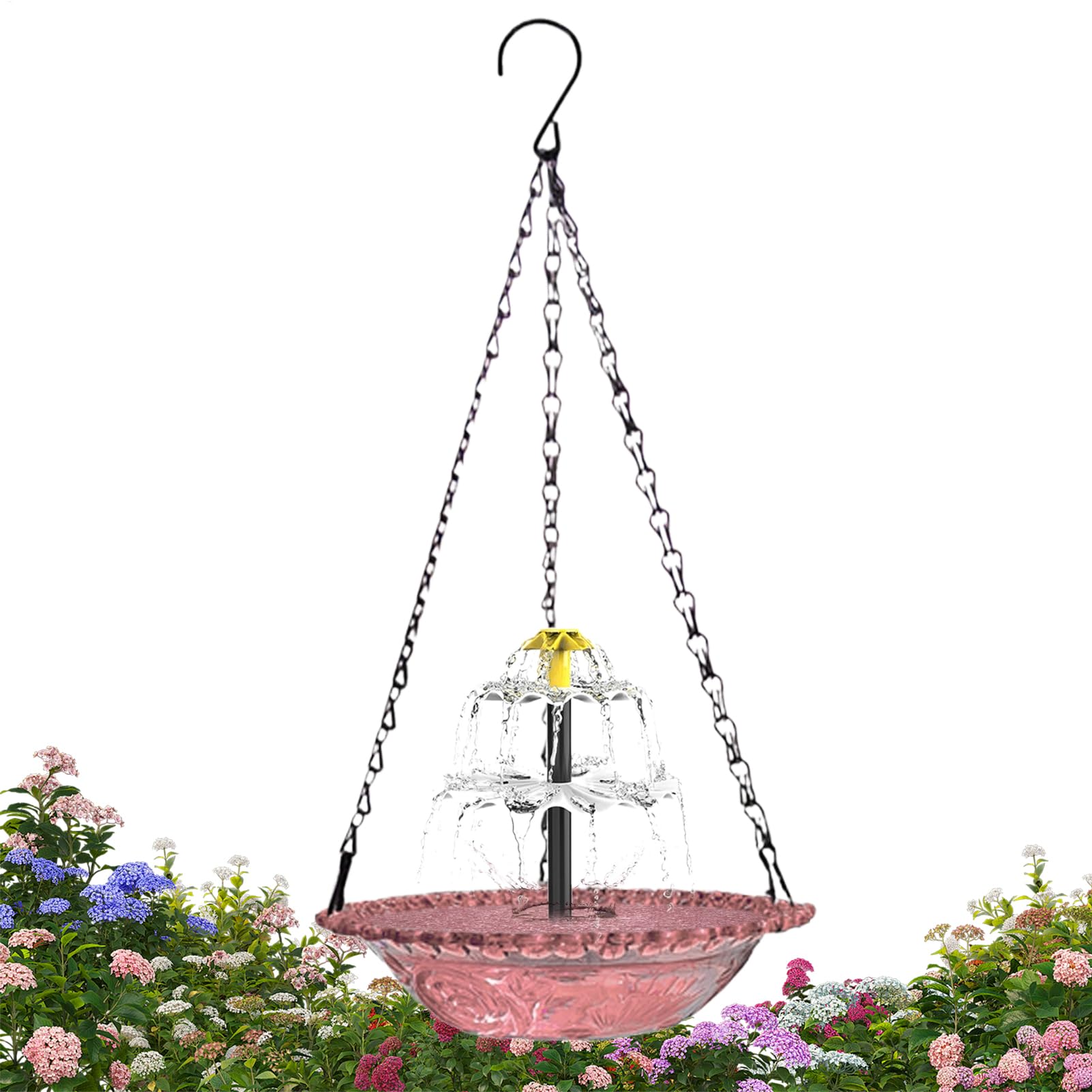 Fuente solar para aves con cascada estética y gancho de cadena para jardín