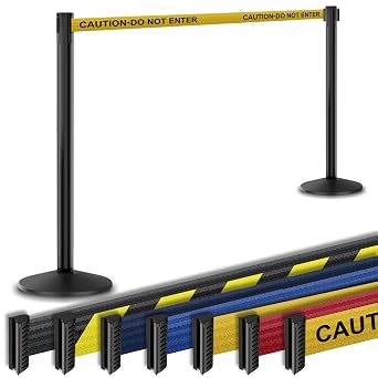 Commercial-Grade Stanchion 2-Pack by Visiontron RETRACTA-Belt Prime Model P101SB 10 Retractable Belt Barrier - Heavy Base Crowd Control Barrier Black Post w/Caution Belt