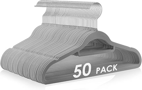 Perchas de terciopelo antideslizantes de fieltro, paquete de 50 perchas de terciopelo gris, perchas delgadas que ahorran espacio con gancho