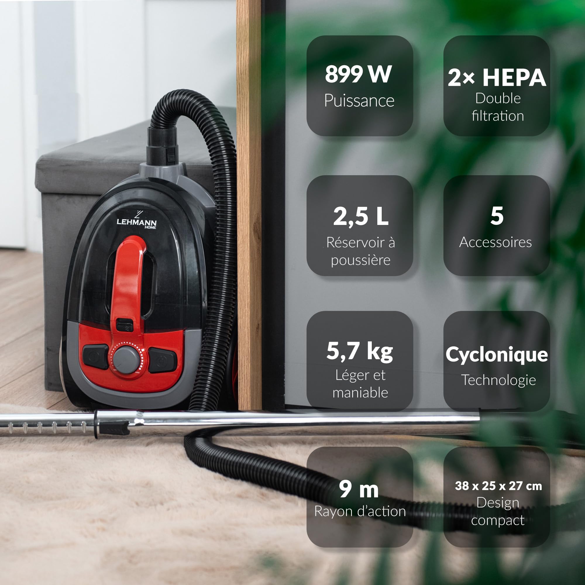 LEHMANN Aspirateur cyclonique sans Sac Typhoon | avec Jeu d'accessoires | Aspirateur Puissant avec Jeu de Buses | Filtre HEPA, Brosse Turbo, Réservoir à poussière 2,5 L