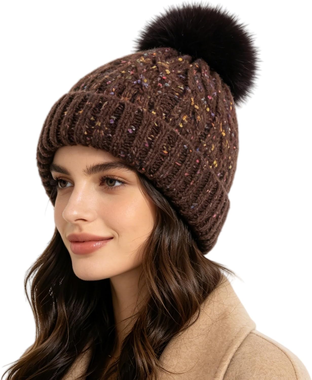 Winter Knit Beanie Hat for Girls Women Parent-Child with Faux Pom Warm Fleece Lined