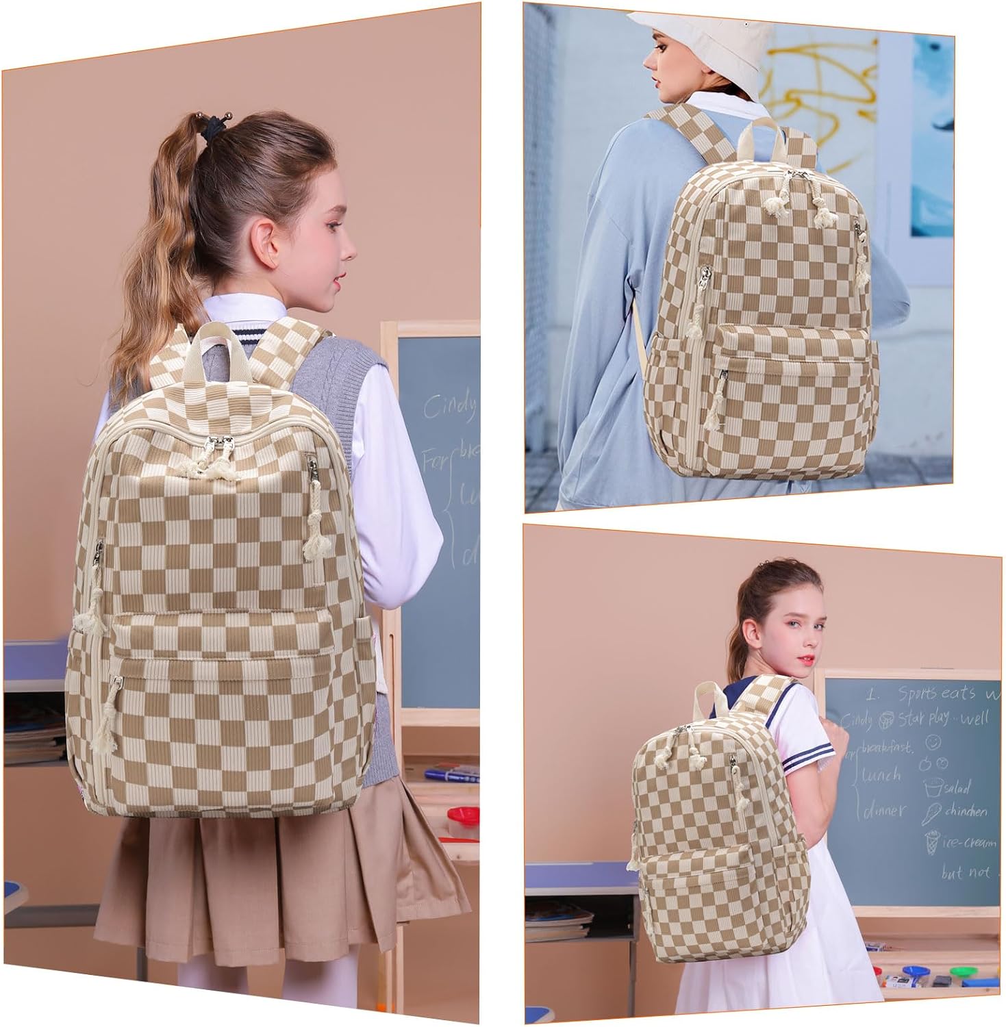 School Backpack for Teen Girls Bookbags Elementary High School Corduroy Laptop Bags Women Travel Daypacks (Checkered)