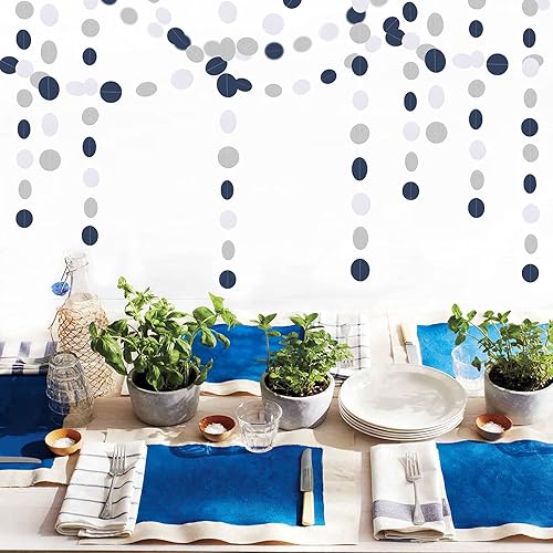 Miniatura 7 de Guirnalda de papel azul marino, blanco y plateado, decoración colgante de revelación de género de 52 pies, banderín de graduación, compromiso,