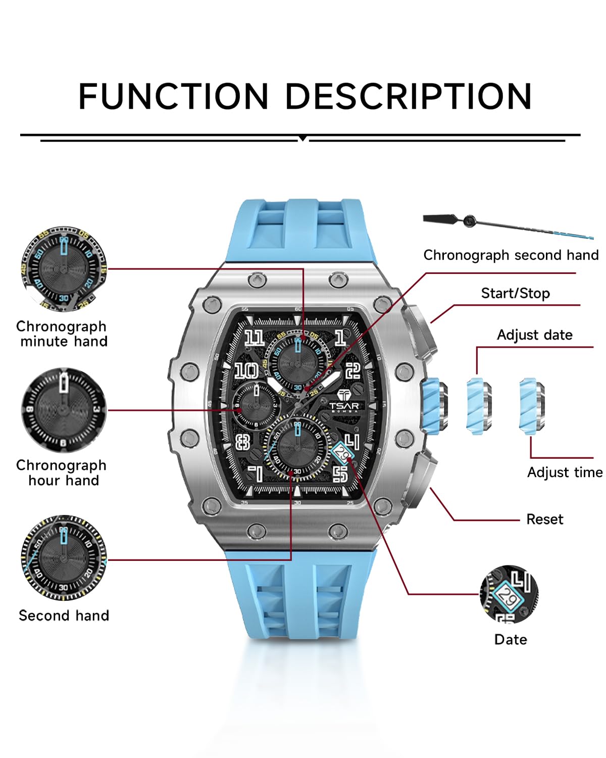TSAR BOMBA Relojes Cuarzo Hombre Tonel Lujo Reloj de Pulsera Cristal Zafiro Movimiento Japonés Impermeables 50M Luminoso Fecha Esqueleto Cuadrados Analogico Deportivo Cronógrafo Reloj de Hombre