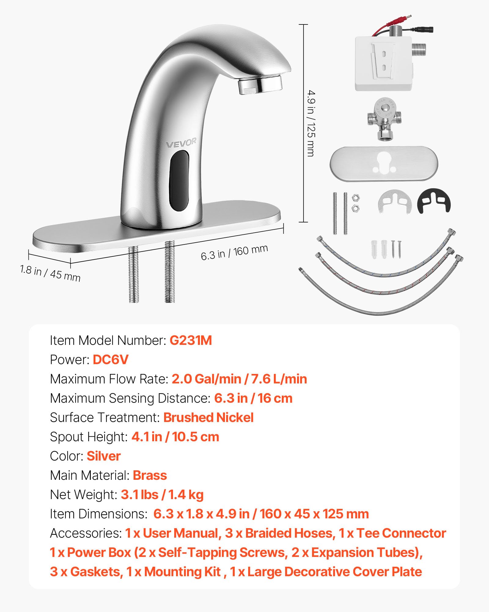 VEVOR Robinet Automatique sans Contact, Mitigeur Lavabo à Capteur de Mouvement, Mélangeur d’Eau Chaude et Froide Température Réglable, pour Tuyau 9,5 mm, Cuisine Salle de Bain, Nickel Argenté Brossé