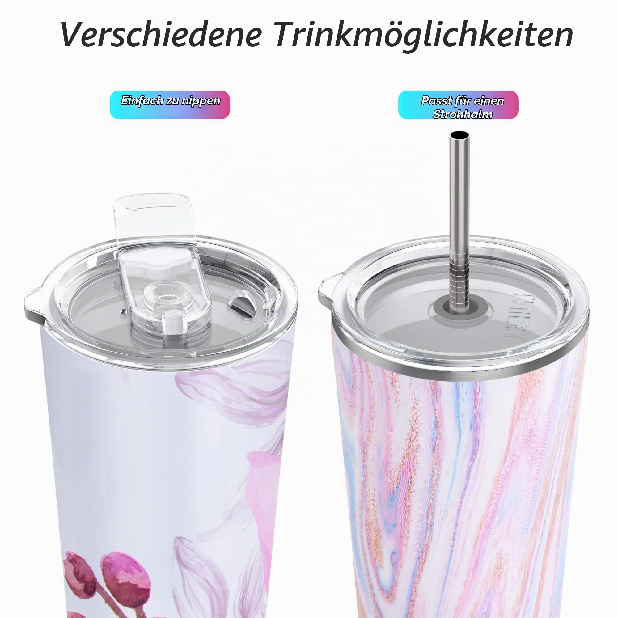 Vakuumisolierter Edelstahlbecher – THILY 780 ml dreifach isolierter Reisebecher mit spritzwassergeschütztem Deckel, für Eiskaffee und heiße Getränke, 2er-Pack, Pink Ripple + Lotus Flower