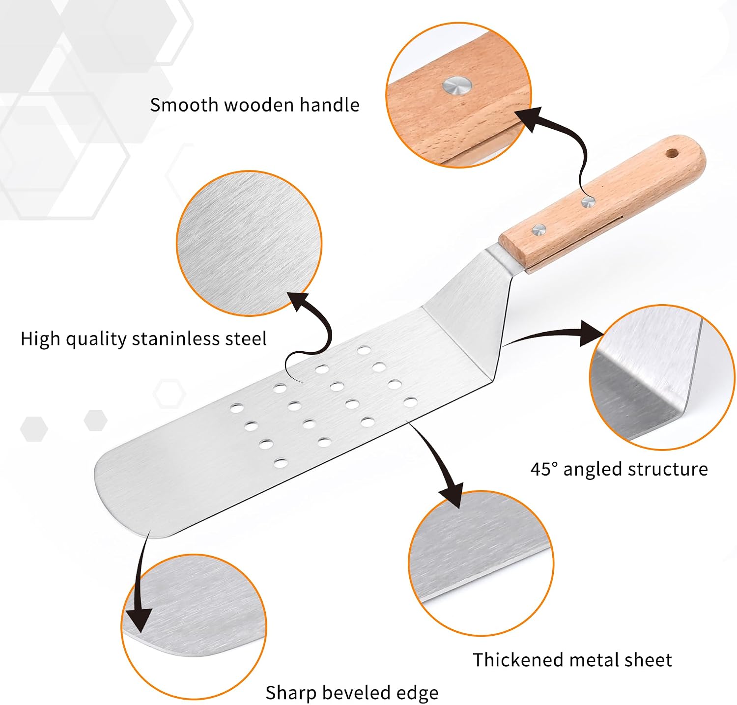 Griddle Spatula Set of 3, Stainless Steel Metal Spatulas for Flat Top Grill, BBQ Turner Set with Wooden Handles, Solid & Slotted Pancake Flippers for Smash Burgers, Fish, Teppanyaki and Cast Iron image 5