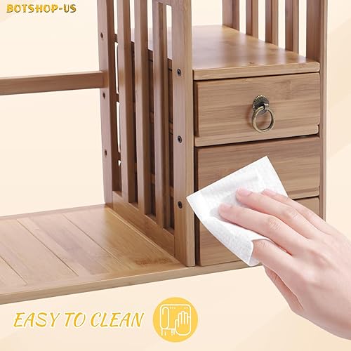 Miniatura 7 de Gdrasuya10 Estantería de escritorio de bambú para encimera de madera, organizador de escritorio de oficina, soporte para libros con 3 cajones,