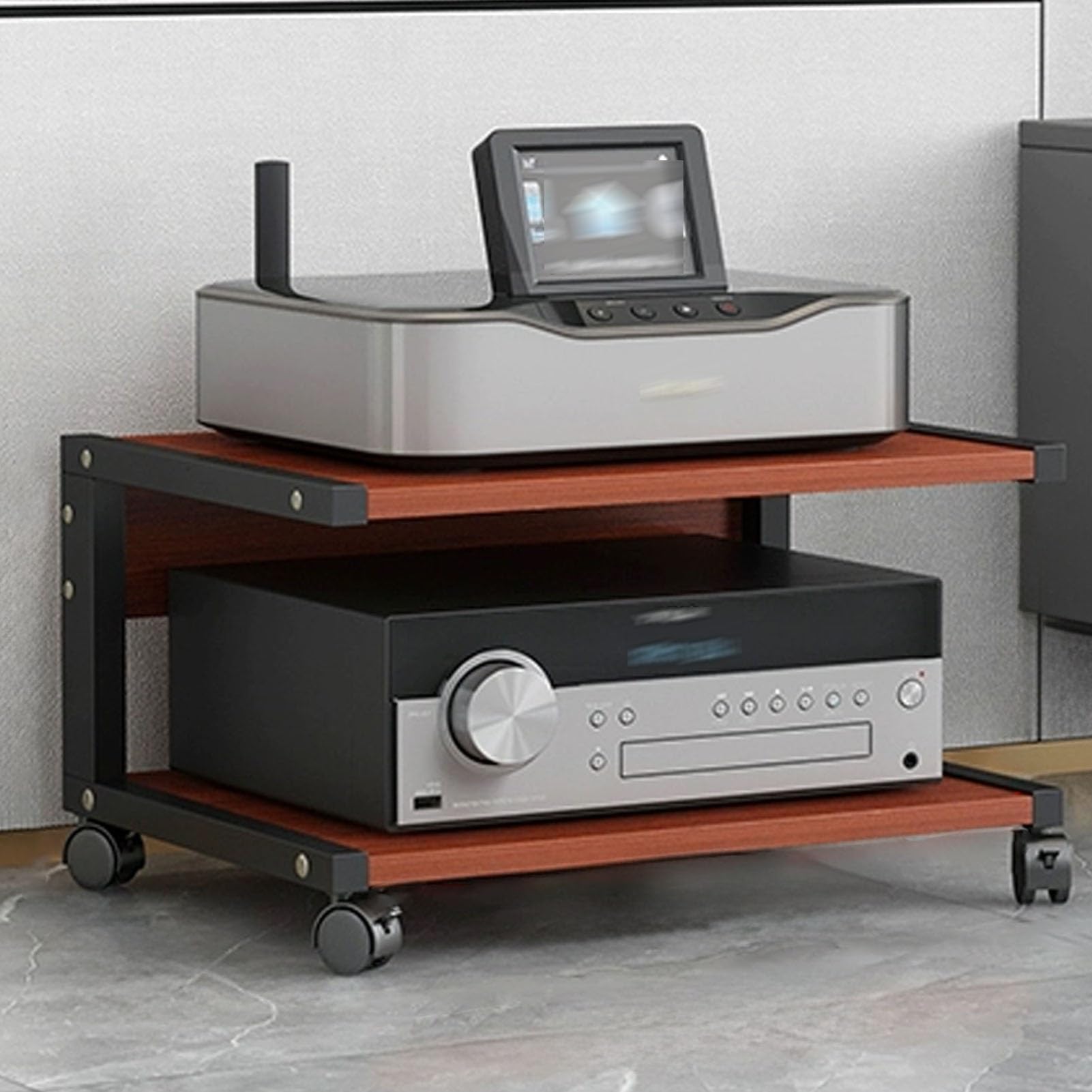 Mobile Stereo Hi-Fi Rack on Wheels, 2-Tier Audio AV Stand, Modern Small TV Shelf, Steel Frame Storage Cabinet (Brown, 50x30CM/19.6x11.8in)