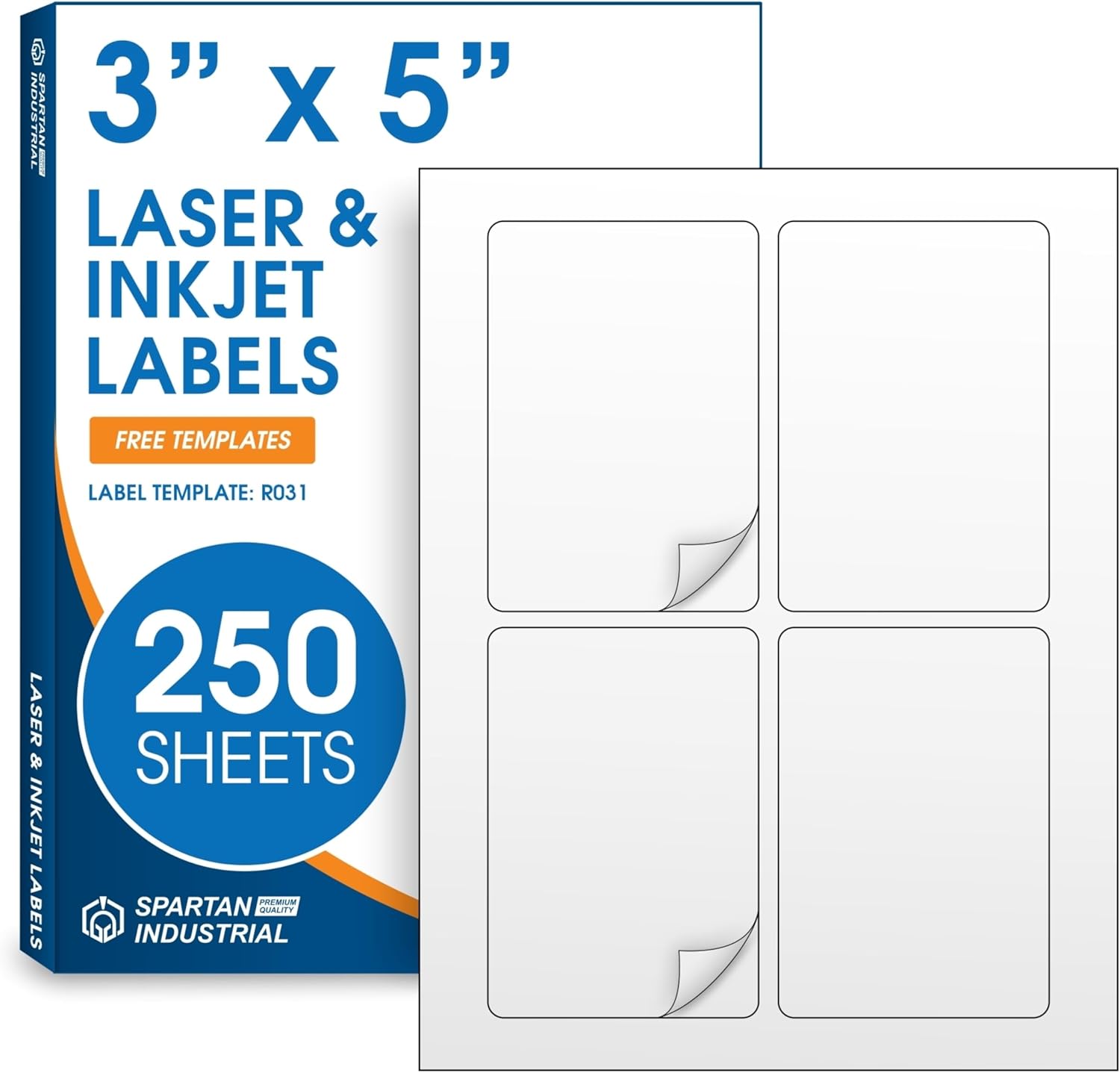 3" X 5" Matte White Printable Labels for Inkjet and Laser Printers - 250 Sheets, 1000 Total Custom Stickers for Product Labeling, Business Logos, Packaging Stickers - Spartan Industrial Template R031