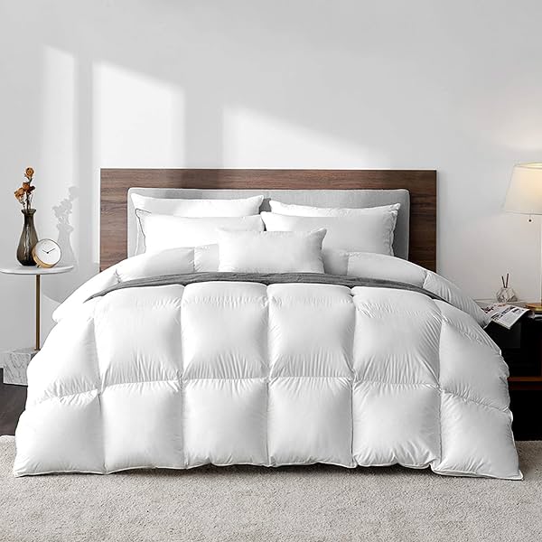 Edredón de plumas de ganso blanco húngaro Highland Feather, poder de relleno 750, esponjoso, inserto con 500 hilos, fabricado en Canadá, algodón lujoso ultra suave, ligero y transpirable - Queen invierno