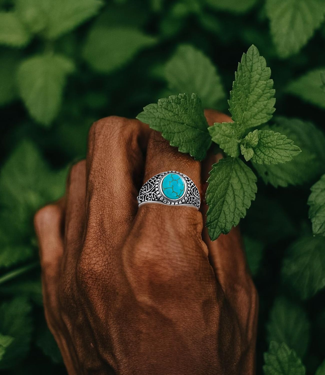 11x8mm Genuine Turquoise Tree of life Rings, Sterling Silver Native American Gem Thumb Ring for Dad Father Jewelry Gift for him,Anillos De Hombre, Men's Ring for Gift for Men - Image 4