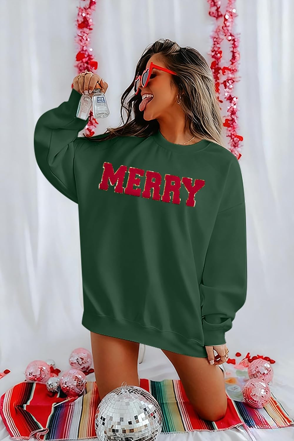 FASHGL Christmas Sequins Sweatshirts Women Merry Glitter Patch Crewneck Sweater Xmas Long Sleeve Pullover Top - Image 3