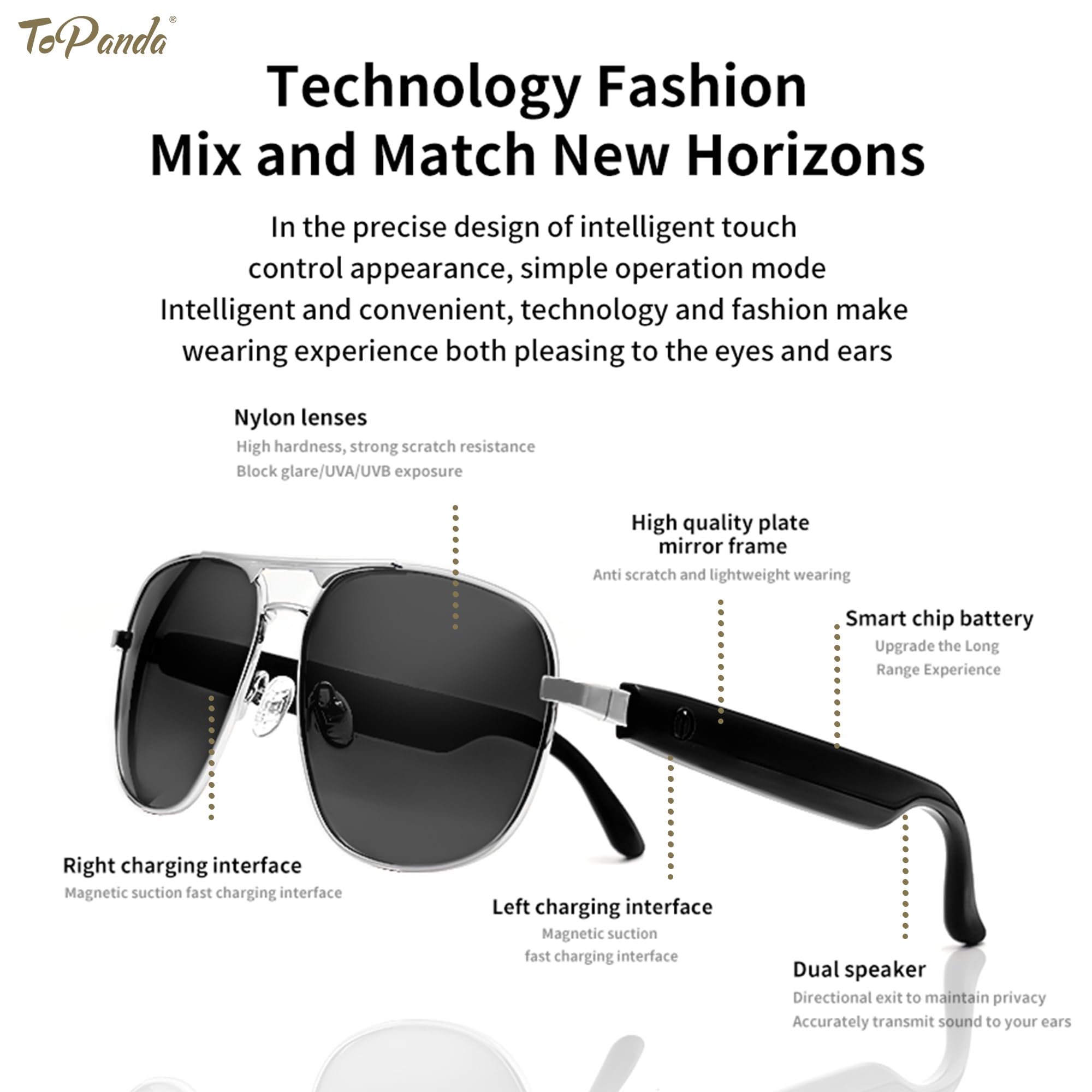 Occhiali audio intelligenti (terza generazione), altoparlanti TWS Open Ear con connettività Bluetooth 5.0 per riunioni di gioco (argento/nero lenti da unglasses)