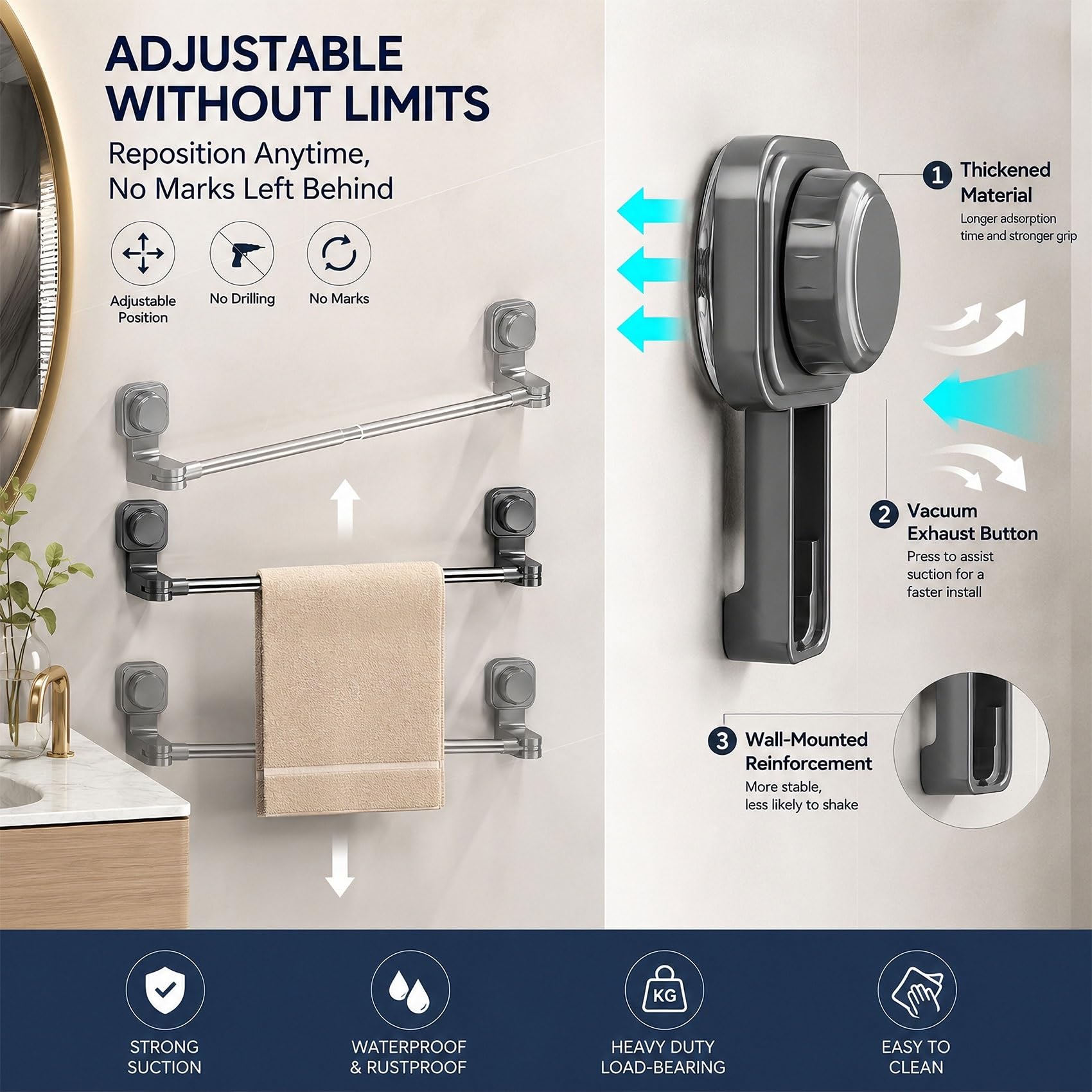 Toallero de Ventosa, Toallero sin Perforar Azulejos, Barra de Toalla Extensible Acero Inoxidable, Toallero Telescópico Ajustable Giratorio para Baño Cocina Ducha(Blanca,65-130cm)