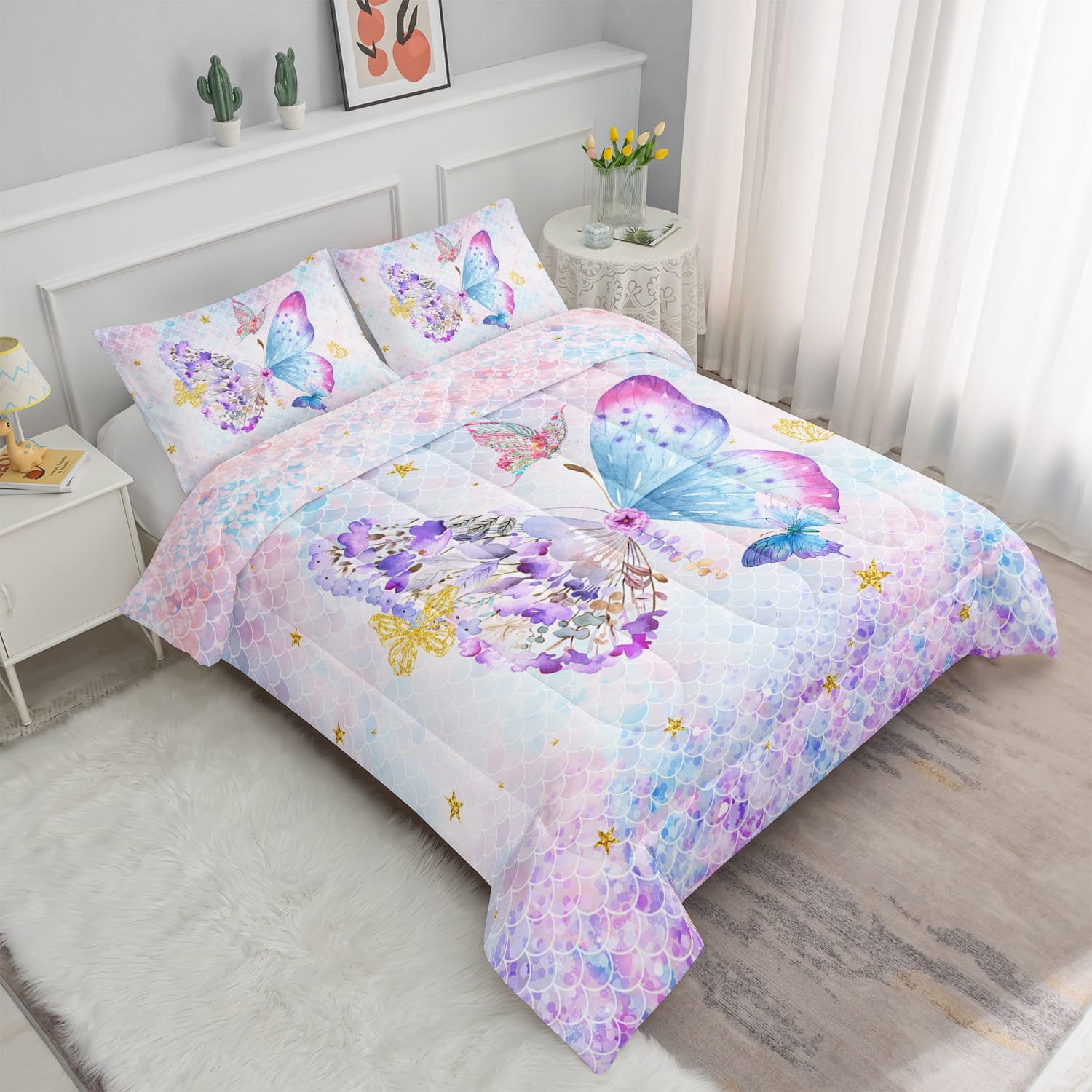 Datura home Butterfly Comforter Set Scales Butterfly Printed Quilt Bedding Set with 1 Comforter and 2 Pillowcases for Boys and Girls Bedroom All Season(Butterfly Scales Twin) - Image 2