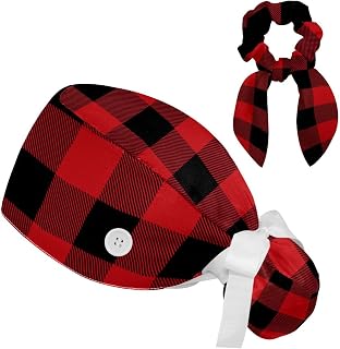 FVQL 2 Pieces Surgical Cap for Long Hair Scrub Cap with Hairband Nurse Cap, red Black Plaid