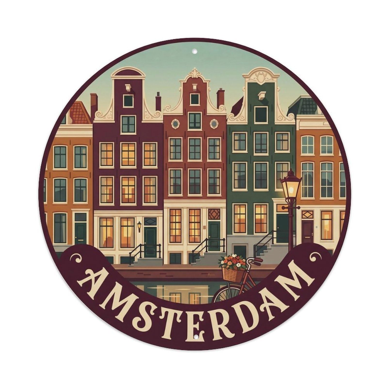 Amsterdam Heritage Architecture Historic Tourism Classic Metal Tin Sign Plaque Wall Decor for Cafe, Man Cave, Club Bar, Office, Home Garden Round Metal Poster 8x8Inch
