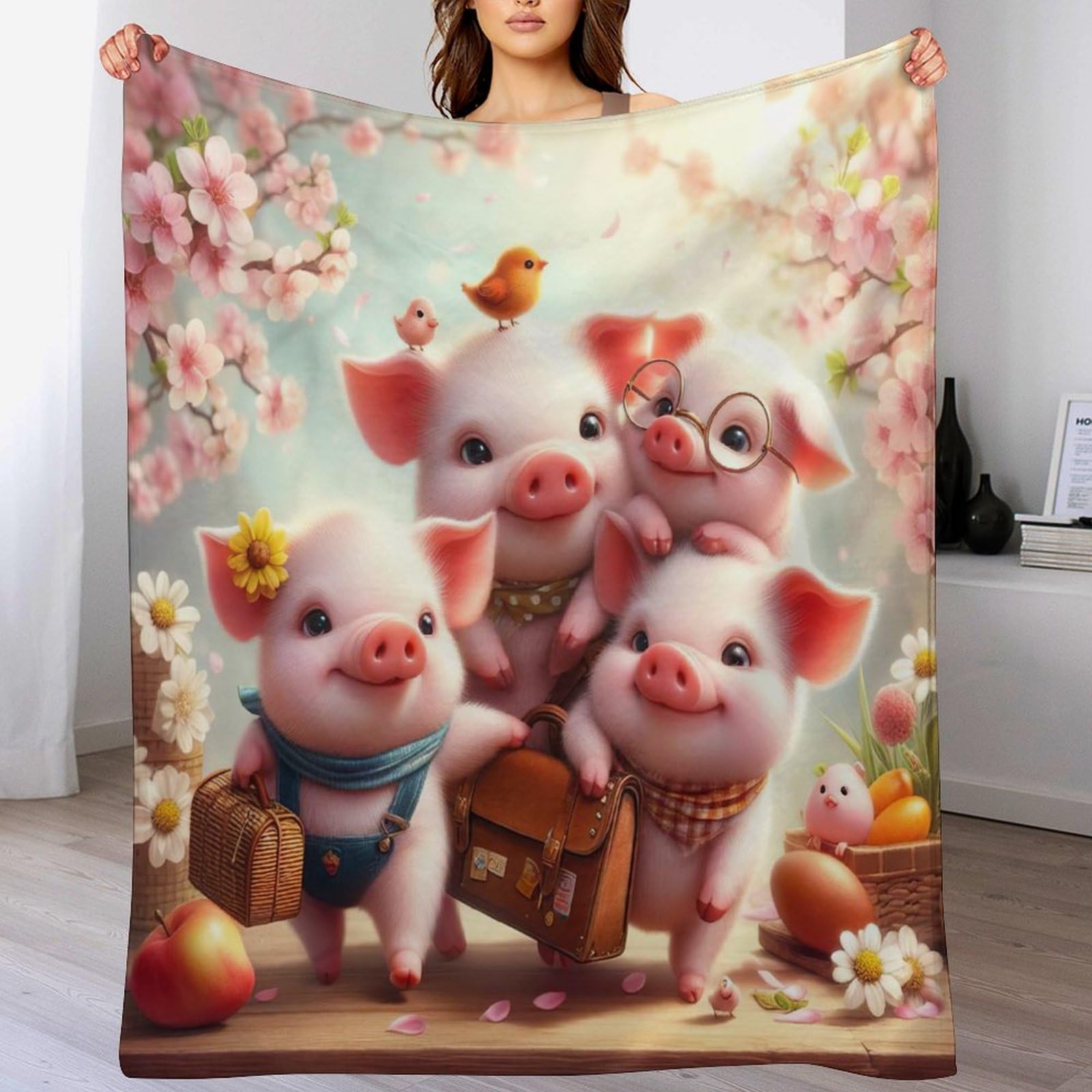 Manta de franela para sofá diseño cerdo manta suave cuatro estaciones
