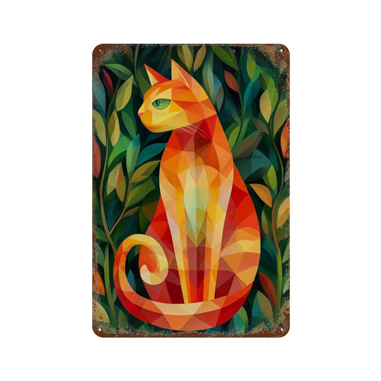 Geometric Cat in Foliage Distressed Metal Wall Sign 11.8"x7.9", for Garage, Bar And Workshop Decor, Decorative Metal Wall Art