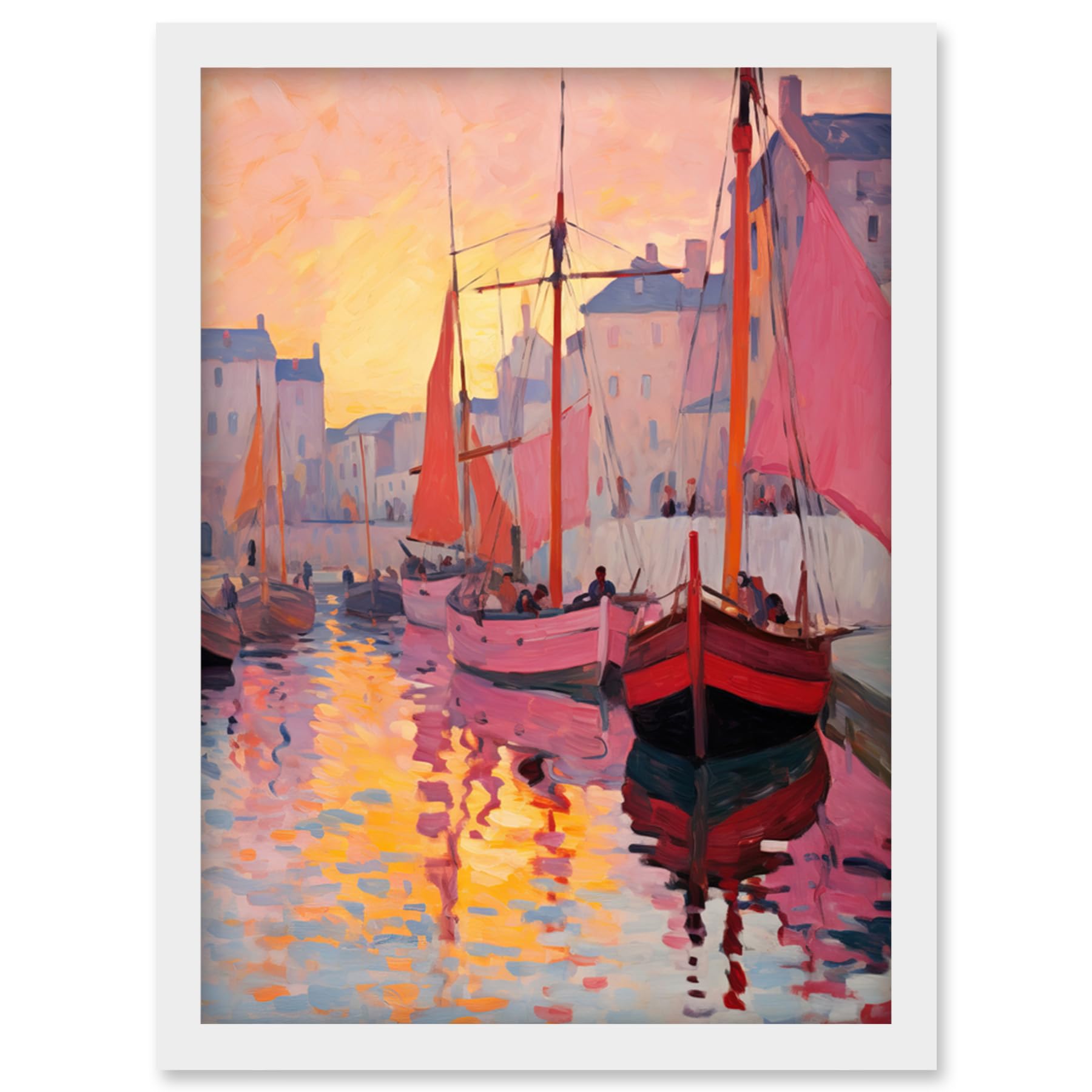Artery8 Sailboats Reflecting in Harbour Water Pink Orange Sunset Oil Painting Anchoring by Promenade Artwork Framed Wall Art Print A4