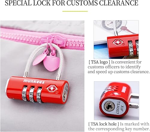 Miniatura 6 de munkees Cerradura de equipaje aprobada por la TSA, combinación de 3 dígitos, construcción de metal (rojo)