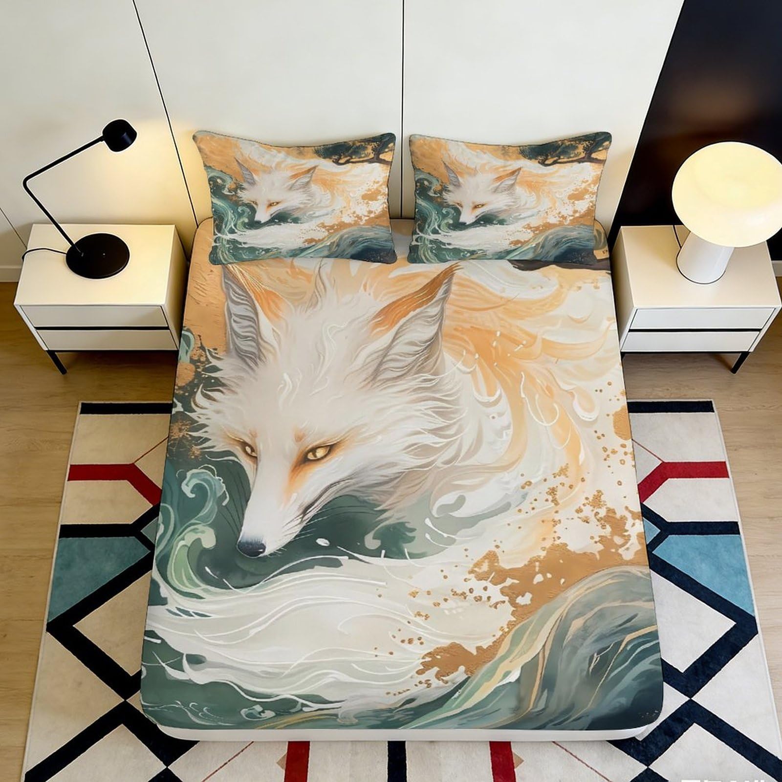 3D Printed Fox Theme Microfiber Fitted Sheet Deep Pocket Bedroom Set Non-Slip Full Wrap Mattress Fitted Cover for All Ages 90x200x25cm