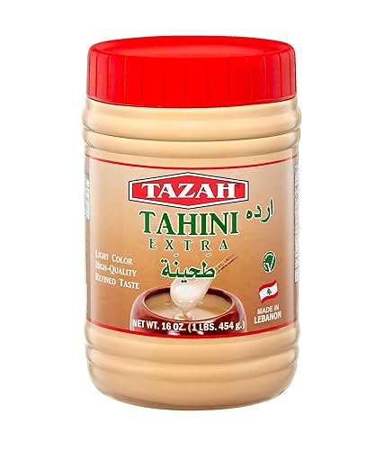 TAZAH Pasta Tahini para Hummus Baba Ganoush de 16 onzas 1 libra de pasta de sésamo libanés molido de piedra natural sin colesterol, sin