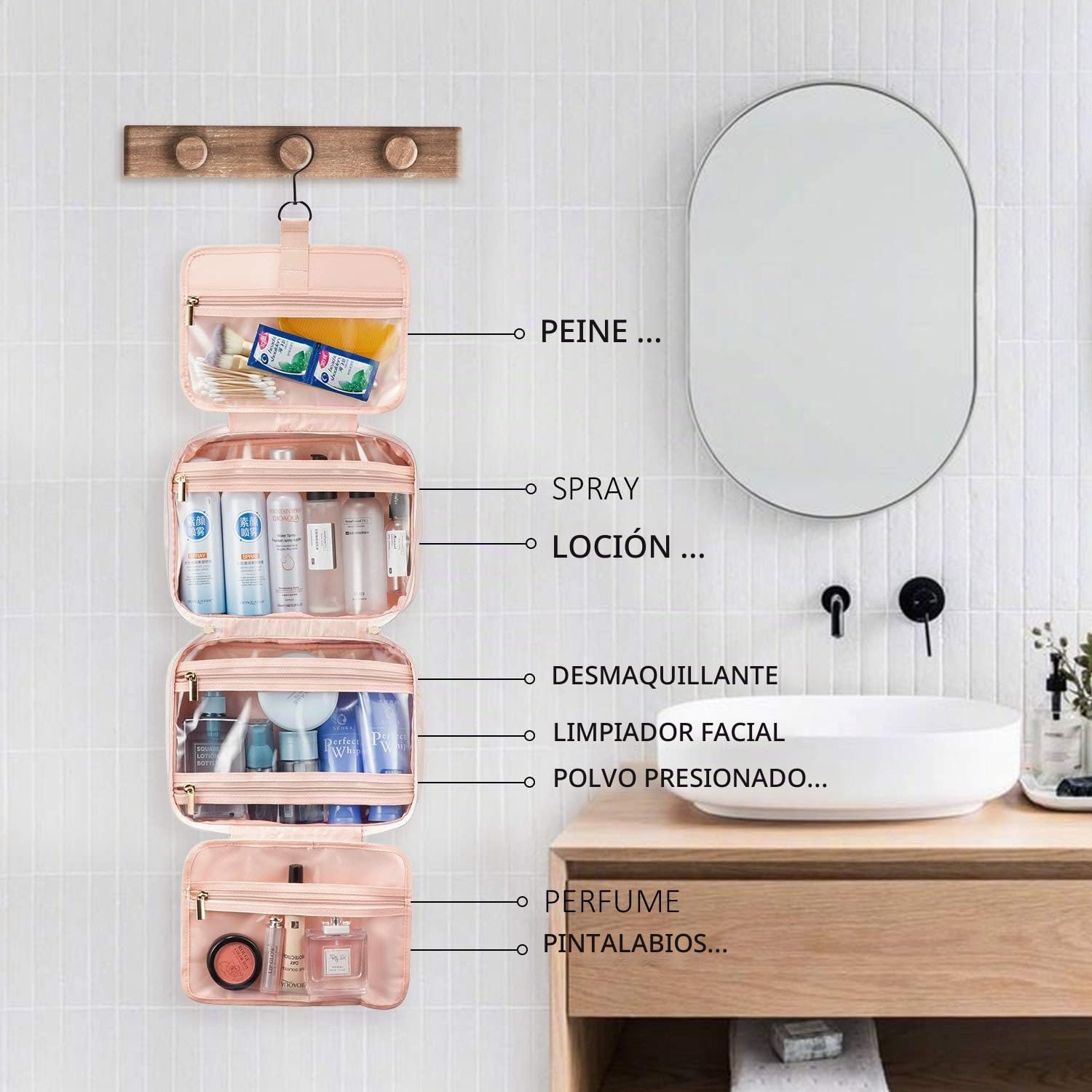 LOVEVOOK Neceser Viaje Mujer, Grande Bolsa de Aseo Colgante Neceser | con Gancho Giratorio de 360°, Impermeable Maquillaje Organizador Viaje Accesorios