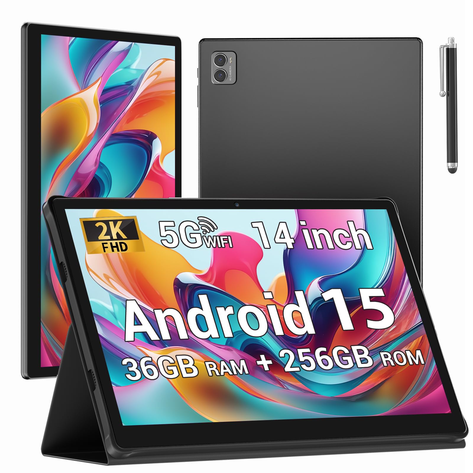 BEYNIVAN Tablet 14 Pollici 5G WiFi,Android 15 Tablet 36GB RAM+256GB ROM,20W/11580mAh,2000 * 1200 incell FHD+,13MP+8MP,Face ID/GPS/BT 5.0/TÜV/USB-C,Nero