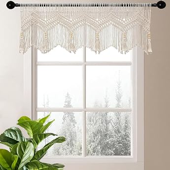 Boho Net Curtains Macrame Short Kitchen Woven Short Curtains Cream