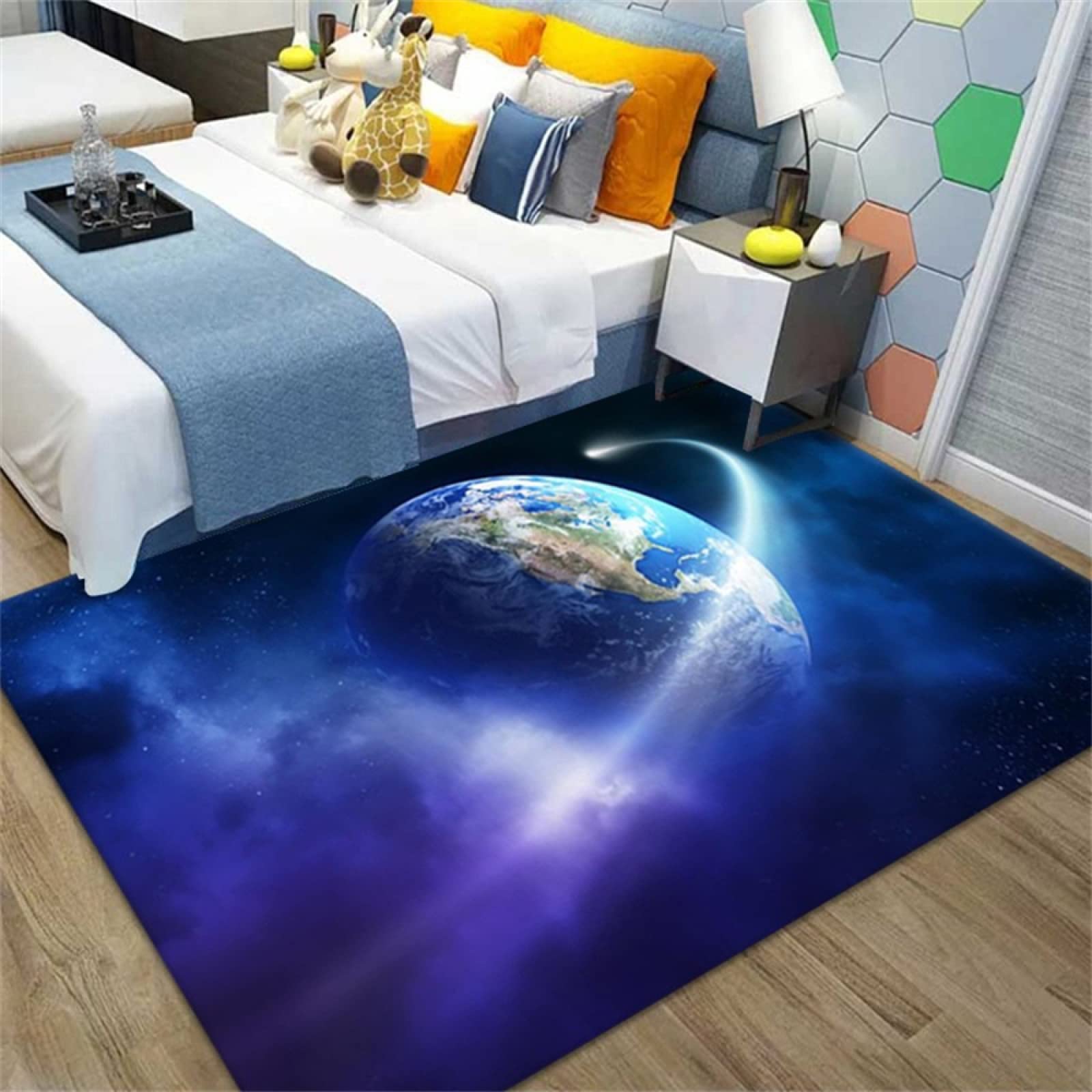 Chambre bébé fille tapis lavable 60x120 bleu univers espace pour sol et meuble de jeu enfant