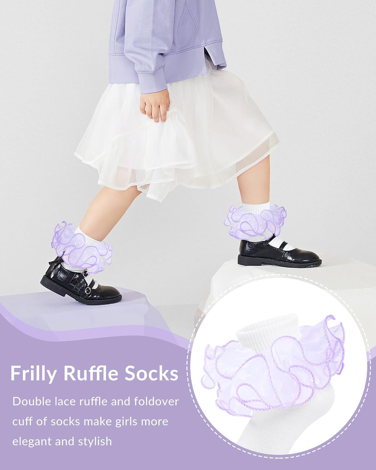 Witwot Girls Ruffle Socks Toddler Double Lace Frilly Pageant Dress Sock Turn Cuff Socks - Image 4
