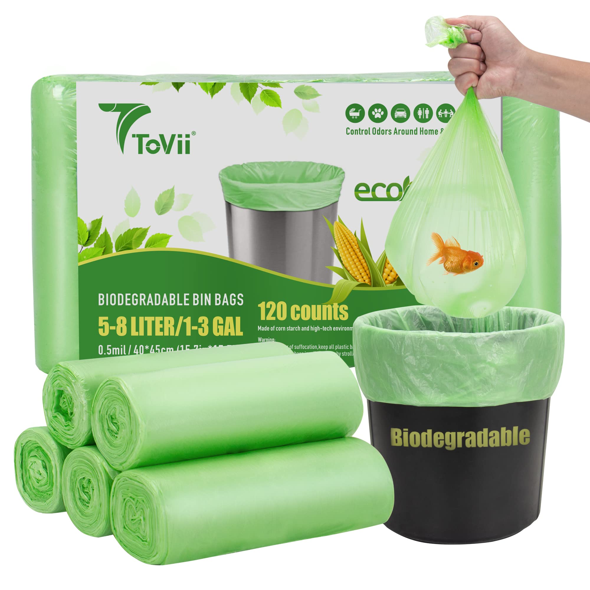 ToVii 120 Counts Biodegradable Pedal Bin Liners ,Small Bin Bags 5L Bin Liners, 1.2 Gallon Garbage Trash Bags ,100% Recycled,Tough,degradable,Compostable bin liners for Food/household/garden