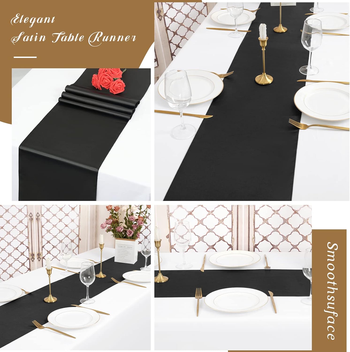 24 Pack Black Satin Table Runners 12 x 72 Inch Long Bright Silk Smooth Fabric Gold Table Runners for Party Wedding Reception Birthday Banquet Decoration