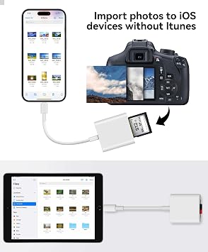 SD Card Reader for iPhone iPad Built-in Dual Lightening & USB-C Connector Card Adapter with SD MicroSD 2 Slots Trail Camera Memory Card Viewer, Portable No App Required Plug and Play - White